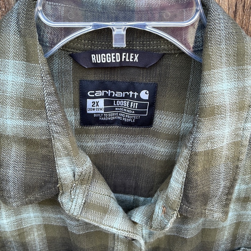 Carhartt 2X Plaid Flannel Shirt Green Rugged Flex Loose Fit Ladies Soft Long Slv - Picture 2 of 7